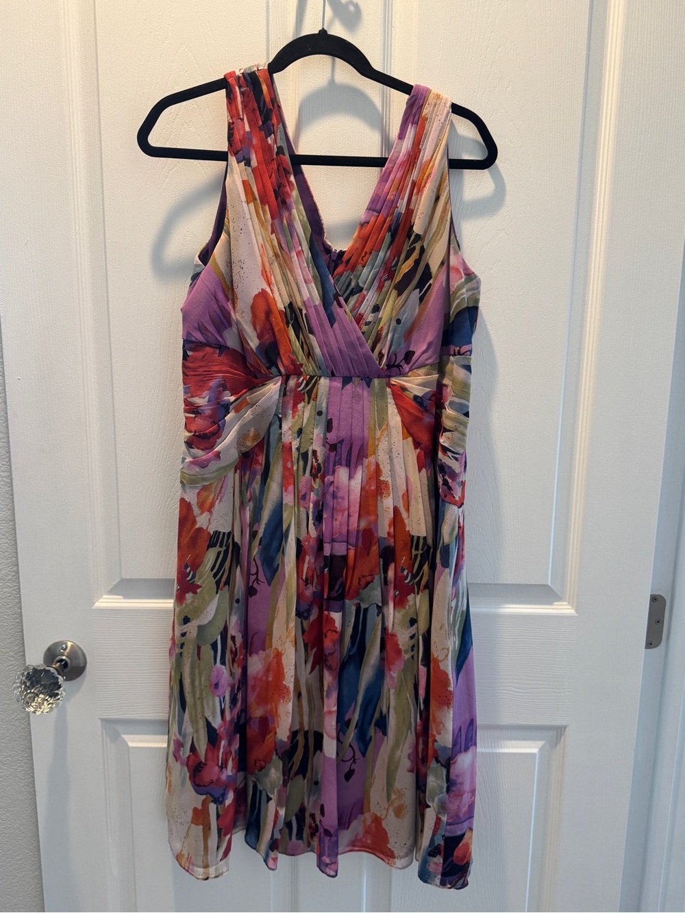 Silk Adrianna Papell Purple Multicolor Floral Pleated Midi Dress